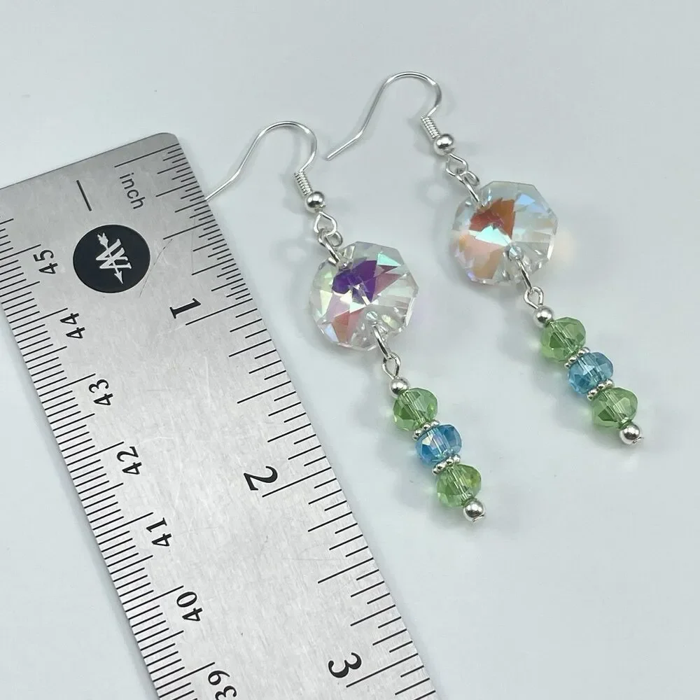 Silver White AB Green Blue Glass Beaded Dangle Earrings Unique